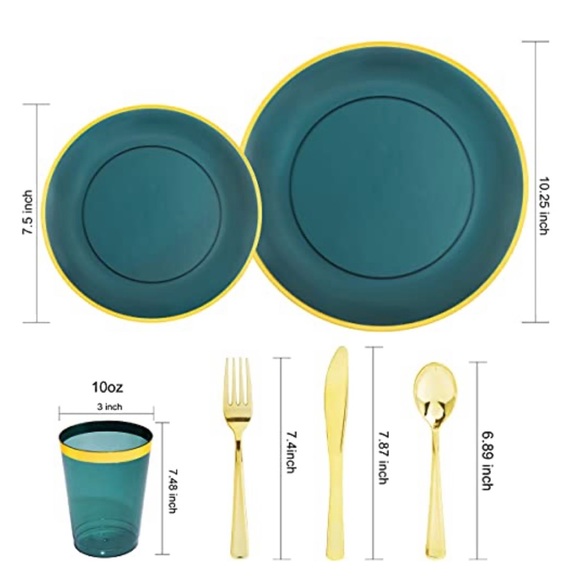 NEW 180pcs Clear Green Plastic Plates,Disposable Gold Plastic Silverware & Cups - Picture 2 of 6